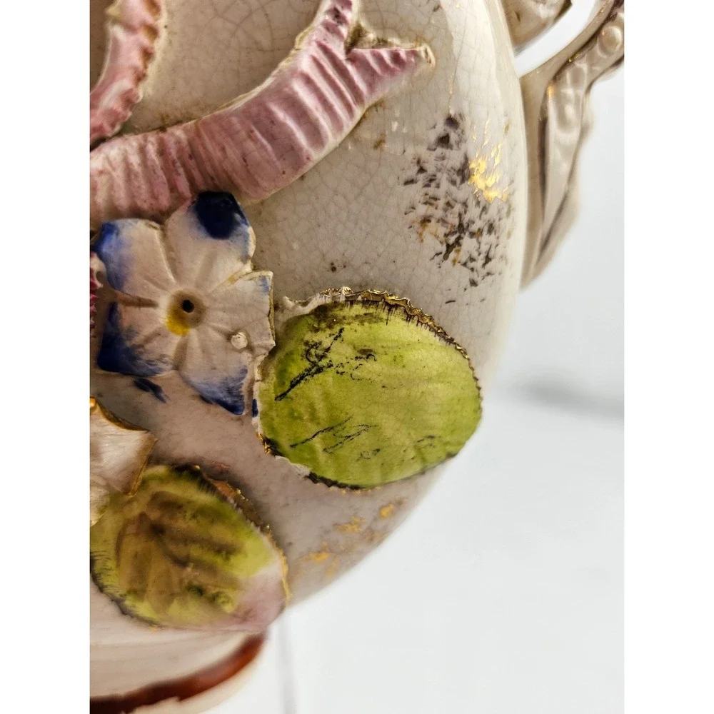 Antique Floral Vase Handled Ceramic 1897 Dated Decor Display‎ Planter